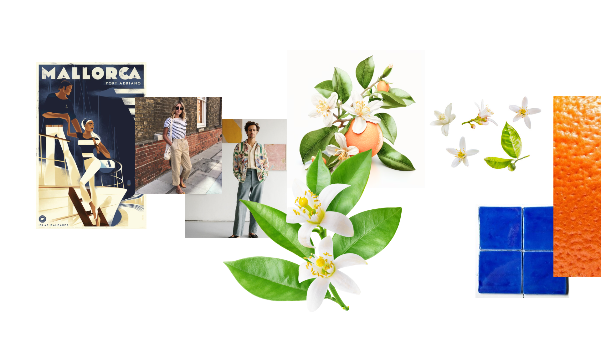 Moodboard visual del proyecto Or Taronger con referencias mediterráneas: azulejos, flores de azahar, ramas de naranjo, texturas cítricas y escenas de cafeterías locales.