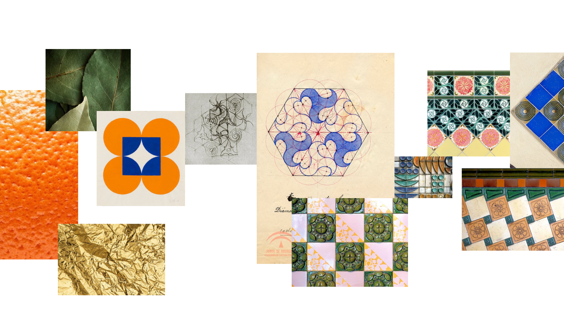 Moodboard visual del proyecto Or Taronger con referencias mediterráneas: azulejos, flores de azahar, ramas de naranjo, texturas cítricas y escenas de cafeterías locales.