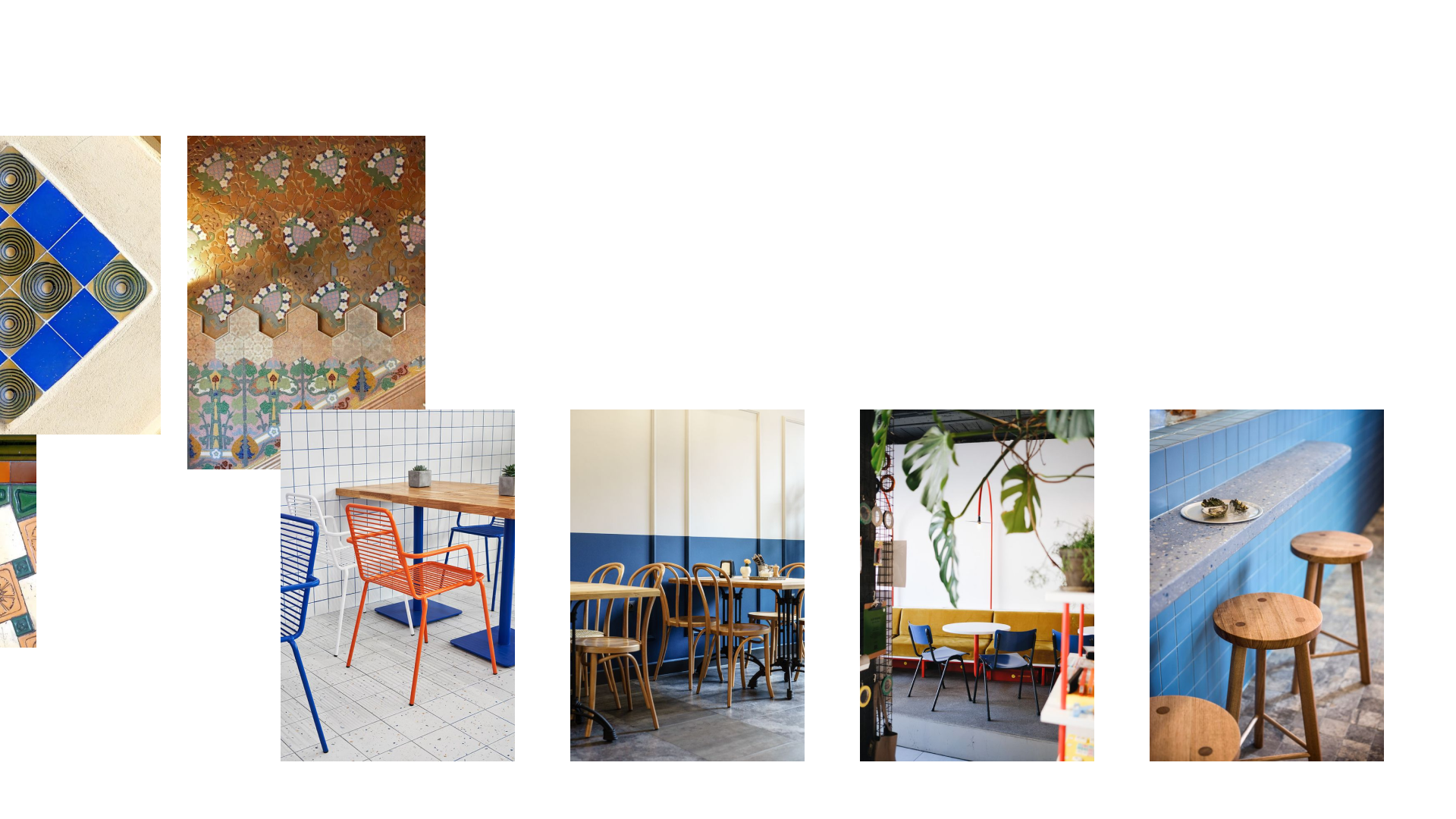 Moodboard visual del proyecto Or Taronger con referencias mediterráneas: azulejos, flores de azahar, ramas de naranjo, texturas cítricas y escenas de cafeterías locales.