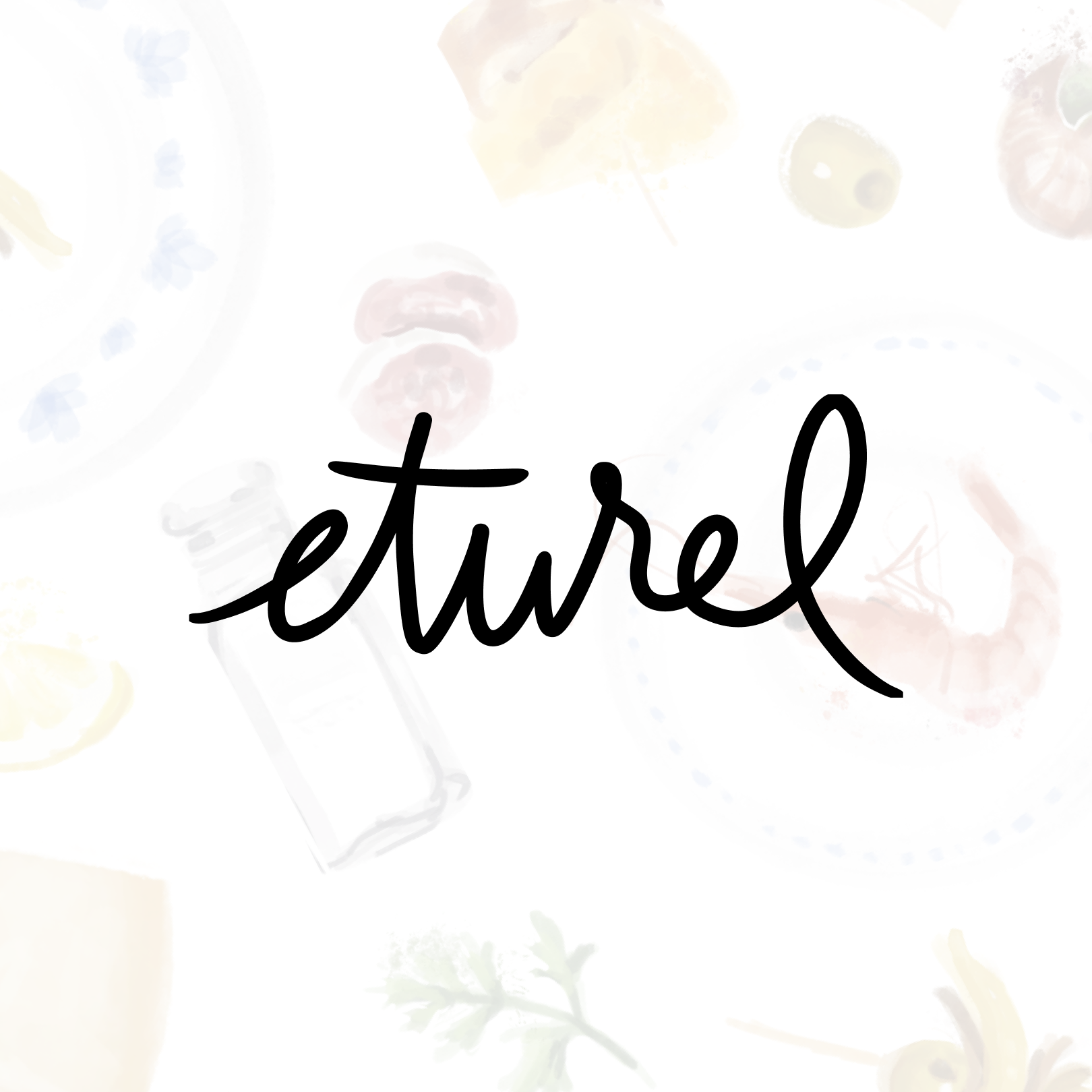 Patrón textil de la colección Tapas para Eturel, con ilustraciones de tapas españolas como tortilla, croquetas y calamares, diseñado para manteles y delantales.