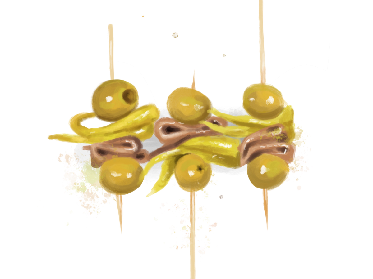 Detalle del tejido de la colección Tapas de Eturel, con motivos gastronómicos españoles integrados en un patrón continuo sin cortes visibles.