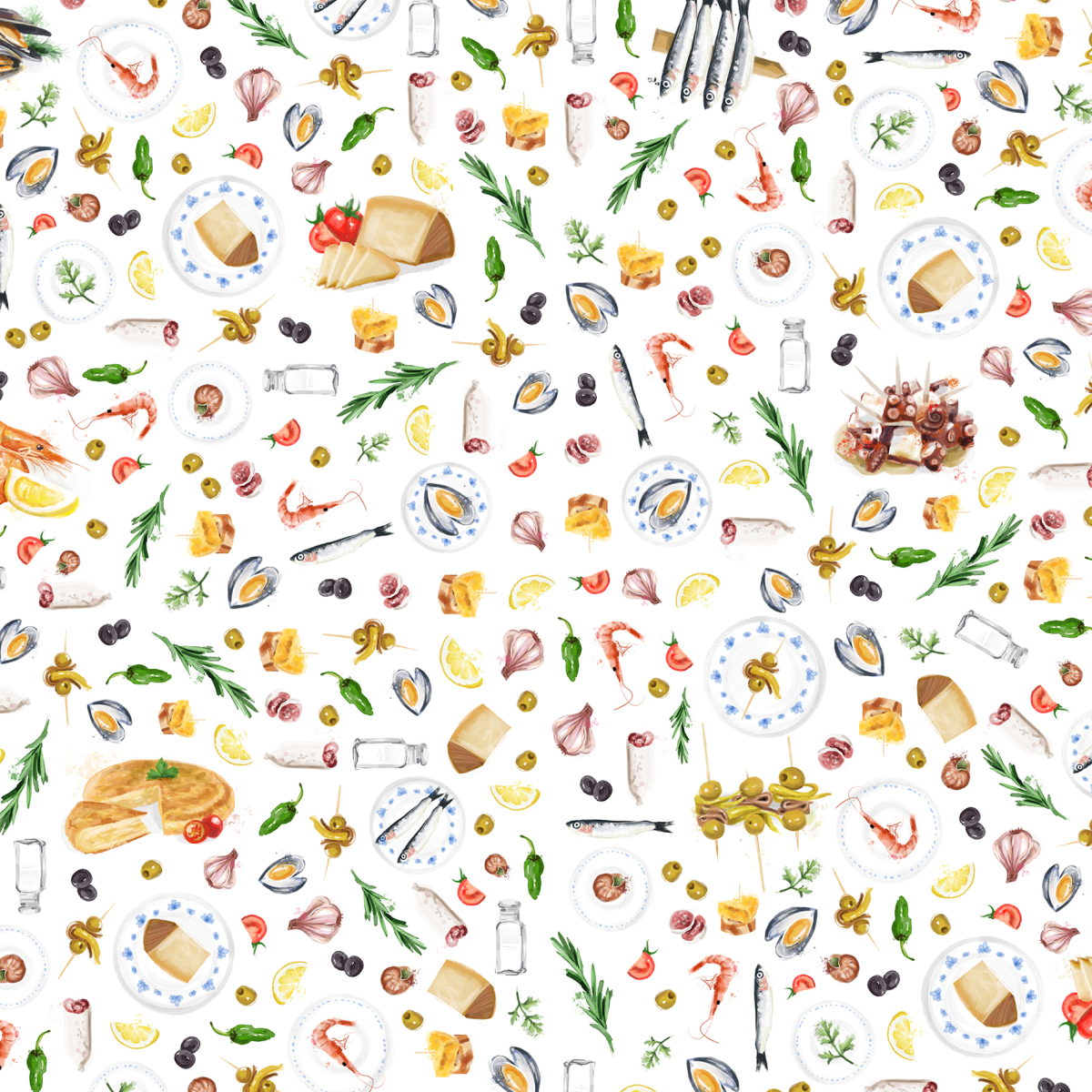 Detalle del tejido de la colección Tapas de Eturel, con motivos gastronómicos españoles integrados en un patrón continuo sin cortes visibles.